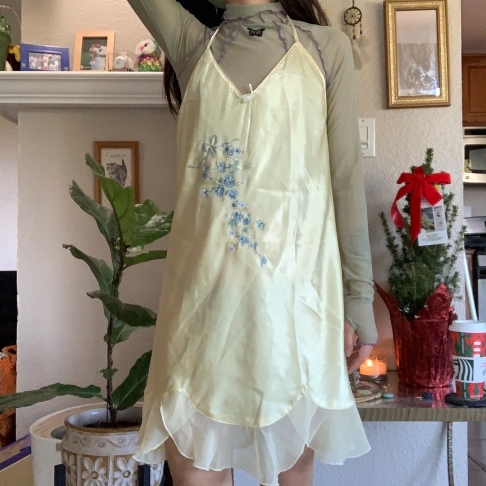 Vintage Yellow Floral Embroidered Mini Slip Dress